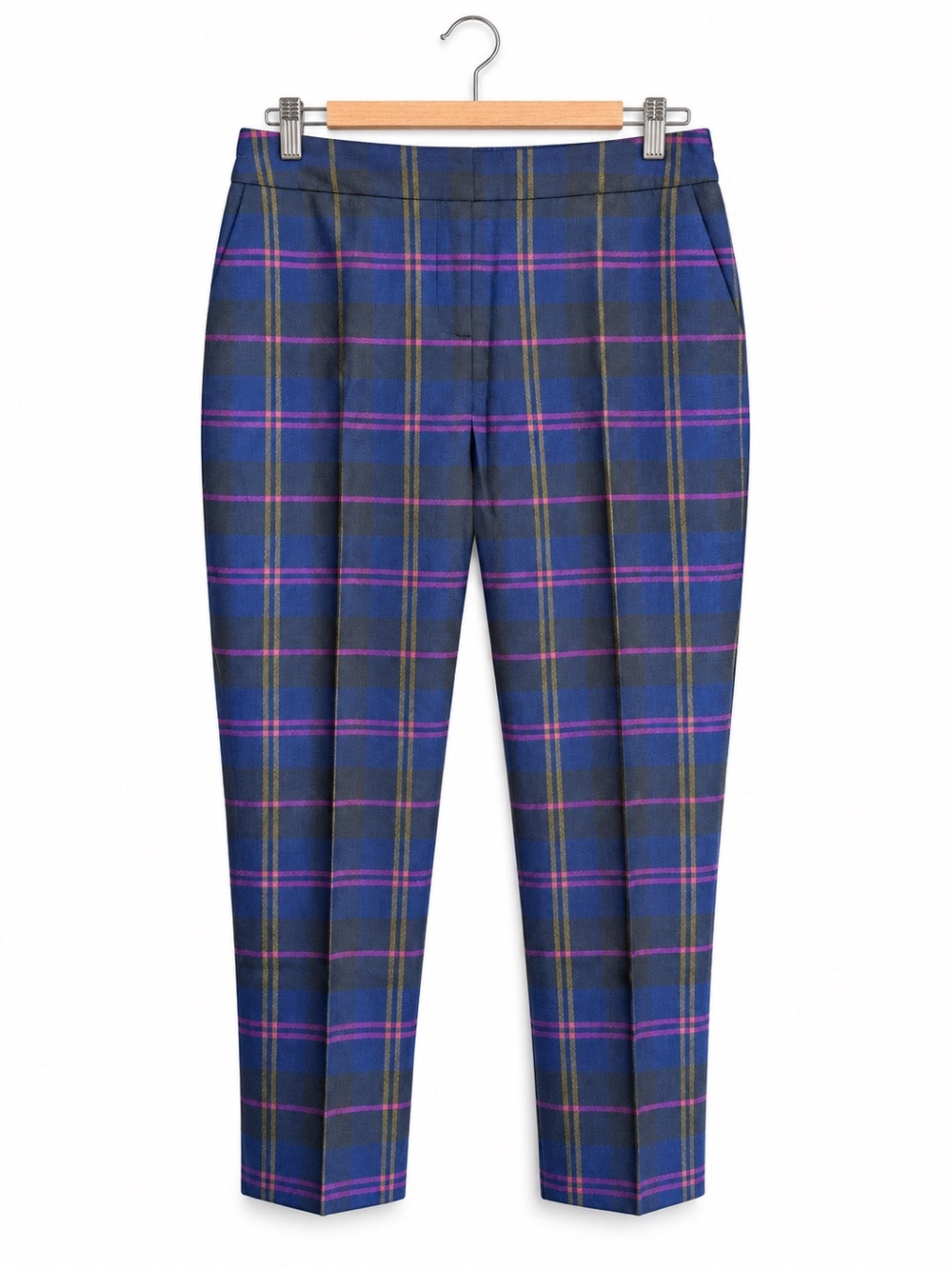 Boden Blue Plaid Tapered Trousers with Purple & Gold Trim